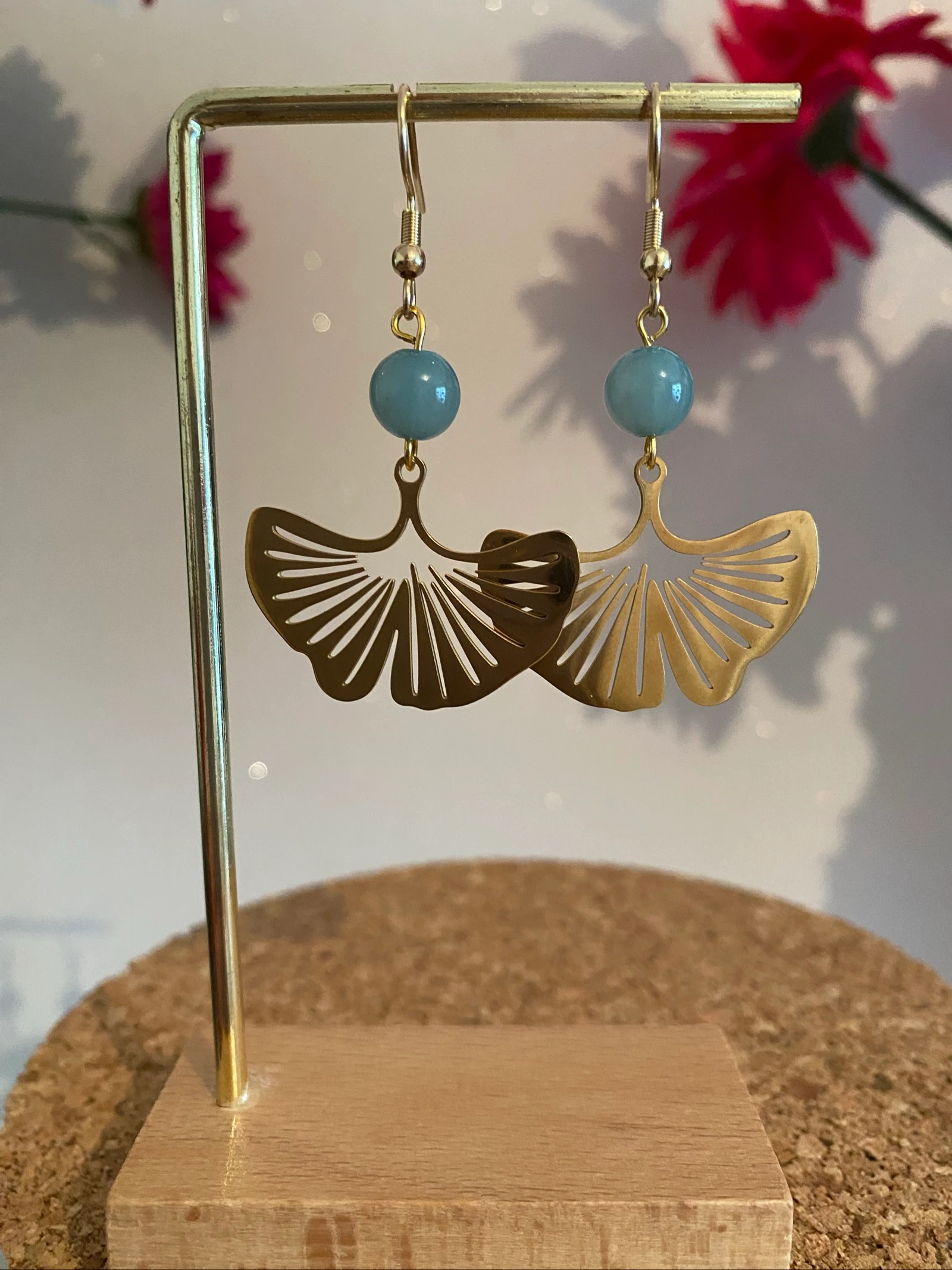 Boucles d’oreilles gingko effet miroir dorée 